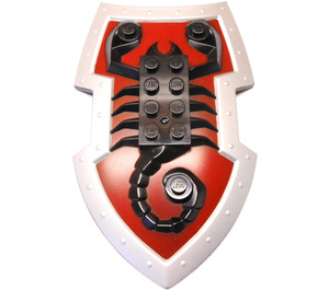 LEGO Black Large Figure Shield with Scorpion on Dark Red Background and Metallic Silver Border Pattern
