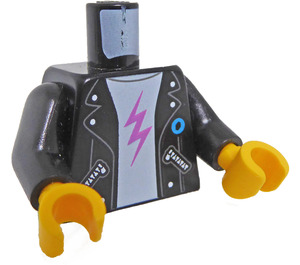 LEGO Black Minifig Torso with White Shirt, Pink Lightning Bolt, Leather Jacket and 'Tour' with Skyline Pattern on Reverse (973)
