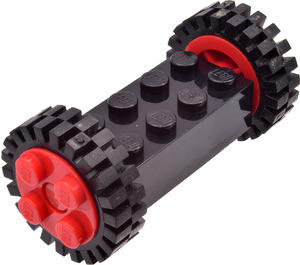 LEGO Zwart Narrow Tire 24 x 7 with Ridges Inside with Brick 2 x 4 Wheels Holder with Red Freestyle Wheels Assembly