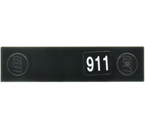 LEGO Black Plate 1 x 4 with Two Studs with 911 Sticker without Groove (92593)