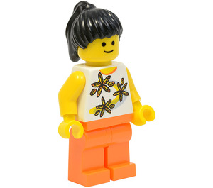 LEGO Black Ponytail hair, Yellow flowers torso, Orange Legs Minifigure
