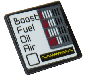 LEGO Black Roadsign Clip-on 2 x 2 Square with 'Boost', 'Fuel', 'Oil', 'Air' and Gauges Sticker with Open 'O' Clip (15210)
