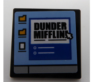 LEGO Black Roadsign Clip-on 2 x 2 Square with Computer Screen with Folders and 'DUNDER MIFFLIN' Sticker with Open 'O' Clip (15210)