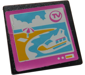 LEGO Black Roadsign Clip-on 2 x 2 Square with 'TV' Cruise Ship and Beach Sticker with Open 'O' Clip (15210)