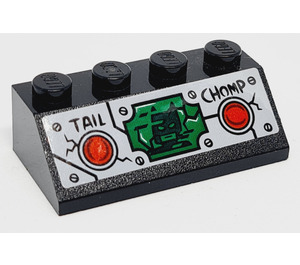 LEGO Black Slope 2 x 4 (45°) with 2 Red Buttons, 'TAIL', 'CHOMP' and Batman Head Sticker with Rough Surface (3037)