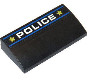 LEGO Black Slope 2 x 4 Curved with 'POLICE', 2 Blue Lines and 2 Yellow Stars Sticker without Bottom Tubes (61068)