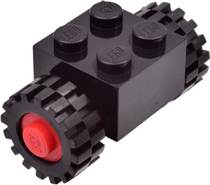 LEGO Black Small Tire with Offset Tread (without Band Around Center of Tread) with Brick 2 x 2 with Red Single Wheels