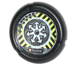 LEGO Black Technic Bionicle Weapon Throwing Disc with White Arrows and Yellow and Black Danger Stripes Pattern (32171)