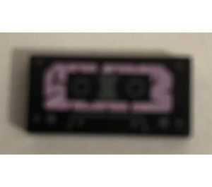 LEGO Svart Bricka 1 x 2 med Cassette Tape med Bright Rosa Label med skåra (3069)