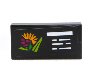 LEGO Black Tile 1 x 2 with Orange / Green Flower and White Lines Sticker with Groove (3069)