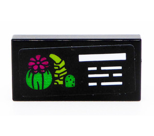 LEGO Black Tile 1 x 2 with Suculient Plant & Cacti and White Lines Sticker with Groove (3069)