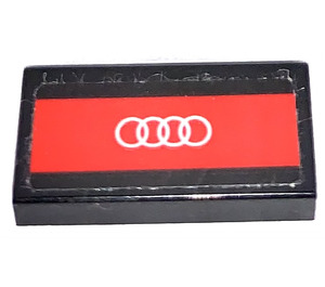LEGO Black Tile 1 x 2 with White Audi emblem (4 rings) on red background  Sticker with Groove (3069)