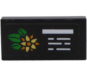 LEGO Black Tile 1 x 2 with Yellow / Green Flower and White Lines Sticker with Groove (3069)