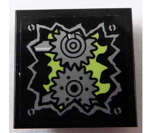 LEGO Black Tile 2 x 2 Inverted with Silver Gear and Yellowish Green Decoration Sticker (11203)