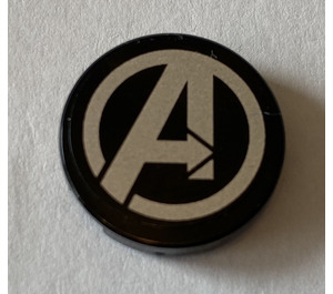 LEGO Black Tile 2 x 2 Round with silver Avengers logo Sticker with Bottom Stud Holder (14769)