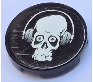LEGO Black Tile 2 x 2 Round with Skull and Headphones Sticker with "X" Bottom (4150)