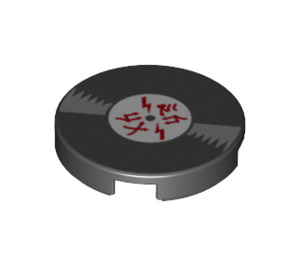 LEGO Black Tile 2 x 2 Round with Vinyl Record with White Label and Red Asian Characters with Bottom Stud Holder (14769 / 36878)