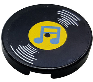 LEGO Black Tile 2 x 2 Round with Yellow Label Vinyl Record Sticker with "X" Bottom (4150)