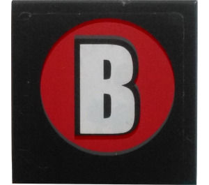 LEGO Black Tile 2 x 2 with "B" in Round Red Sticker with Groove (3068)