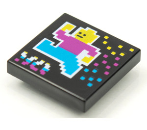 LEGO Zwart Tegel 2 x 2 met BeatBit Album Cover - Pixelated Minifigure en Squares Patroon met groef (3068)