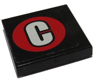 LEGO Black Tile 2 x 2 with "C" in Round Red Sticker with Groove (3068)