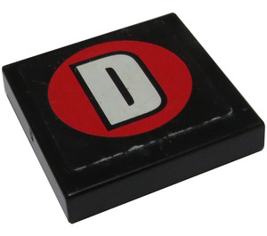 LEGO Black Tile 2 x 2 with "D" in Round Red Sticker with Groove (3068)