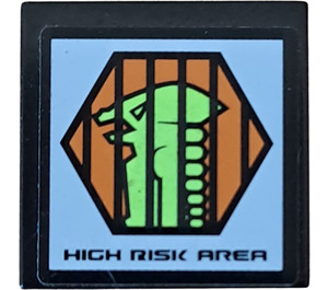 LEGO Black Tile 2 x 2 with "High Risk Area" and Alien Head Sticker with Groove (3068)