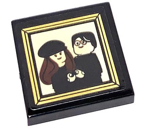 LEGO Black Tile 2 x 2 with Lily & James Potter Sticker with Groove (3068)
