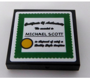 LEGO Black Tile 2 x 2 with ‘MICHAEL SCOTT' and Yellow Circle Sticker with Groove (3068)