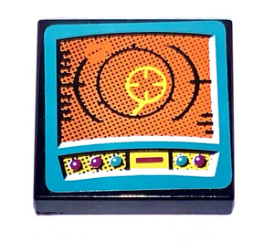 LEGO Black Tile 2 x 2 with Orange Screen, Crosshairs, Purple and Turquoise Buttons Sticker with Groove (3068)