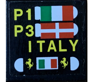 LEGO Black Tile 2 x 2 with Pit Board, Italian and Danish Flags, 'P1', 'P3', 'ITALY' and Ferrari Logos Sticker with Groove (3068)