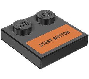 LEGO Black Tile 2 x 2 with Studs on Edge with ‘START BUTTON’ on Orange Background Sticker