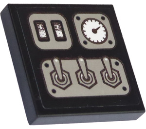 LEGO Black Tile 2 x 2 with Switches, Buttons and Gauge Sticker with Groove (3068)