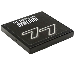 LEGO Black Tile 2 x 2 with White 'PETRONAS SYNTIUM' and '77' Sticker with Groove (3068)