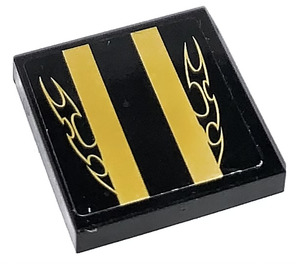 LEGO Black Tile 2 x 2 with Yellow Stripes and Flames Sticker with Groove (3068)