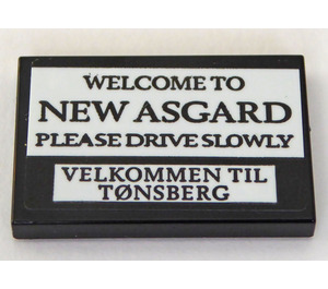 LEGO Black Tile 2 x 3 with 'WELCOME TO NEW ASGARD' and 'PLEASE DRIVE SLOWLY' Sticker (26603)