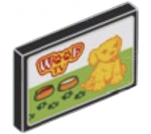 LEGO Black Tile 2 x 3 with ‘WOOF TV’ and Yellow Dog Sticker (26603)