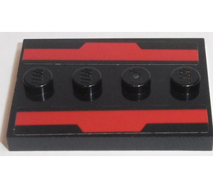 LEGO Noir Tuile 3 x 4 avec Quatre Goujons avec Deux rouge Bars Autocollant (17836)