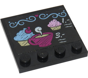 LEGO Black Tile 4 x 4 with Studs on Edge with Cupcakes and Coffee Menu Sticker (6179)
