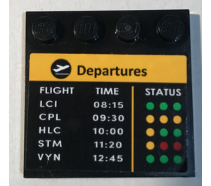 LEGO Zwart Tegel 4 x 4 met Noppen aan Rand met 'Departures', 'FLIGHT', 'TIME', 'STATUS' en Flight Schedule Sticker (6179)