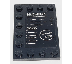 LEGO Black Tile 4 x 6 with Studs on 3 Edges with 'SANDWICHES' and 'DRINKS' and 'Remember to TIP!' Pattern Sticker (6180)