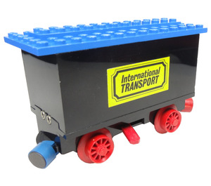 LEGO Black Train Battery Box Car with "International TRANSPORT" Stickers