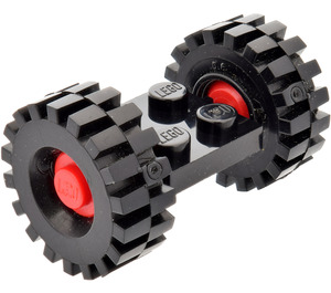 LEGO Black Vintage Axle Plate With Red Wheel Hub and Medium Offset Treaded Tyre