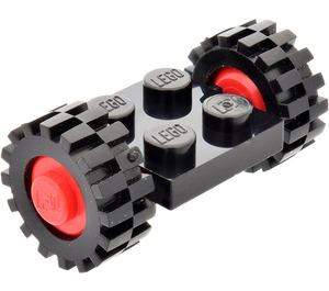 LEGO Black Vintage Axle Plate With Red Wheel Hub and Small Offset Treaded Tyre