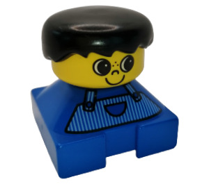 LEGO Blue 2x2 Duplo Base Brick Figure - Striped Overalls, yellow head, Black Hair Duplo Figure