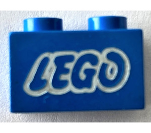 LEGO Blue Brick 1 x 2 with LEGO Logo with Bottom Tube (3004 / 93792)