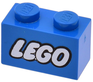 LEGO Blue Brick 1 x 2 with Lego Logo with Closed 'O' with Bottom Tube (3004)