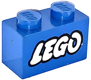 LEGO Blue Brick 1 x 2 with Lego Logo with open 'O' with Bottom Tube (3004 / 93792)