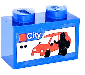 LEGO Bleu Brique 1 x 2 avec Lego Set Package "City" Autocollant avec tube inférieur (3004)