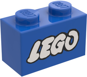 LEGO Blå Kloss 1 x 2 med "LEGO" med bottenrör (3004)